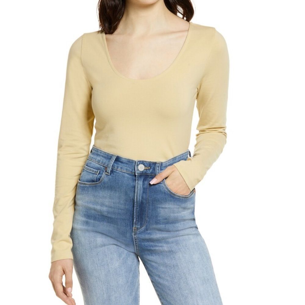 BP Women’s Crop Top Scoop Neck Long Sleeve Organic Cotton Beige  Plus Size 2X